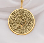 14K Gold Raven Pendant Necklace with intricate Aztec calendar design, perfect for mythology lovers. Ideal gift for anniversaries, birthdays, or special occasions. A timeless gold piece blending cultural symbolism and style.
