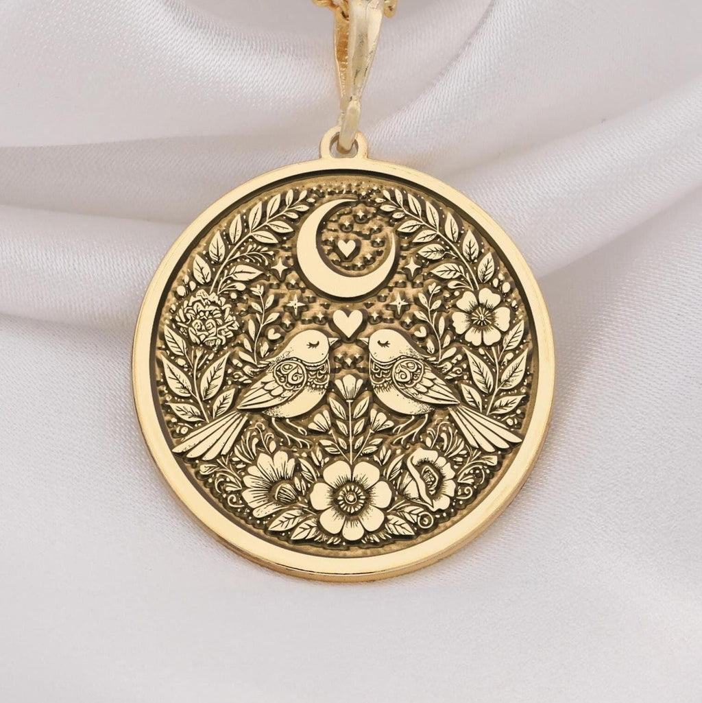 Romantic Lovebirds pendant Necklace  14K Solid Gold. Features two lovebirds under a crescent moon with floral details. Perfect for Valentine Day, anniversaries, or as a meaningful gift for her. Elegant and timeless jewelry piece.