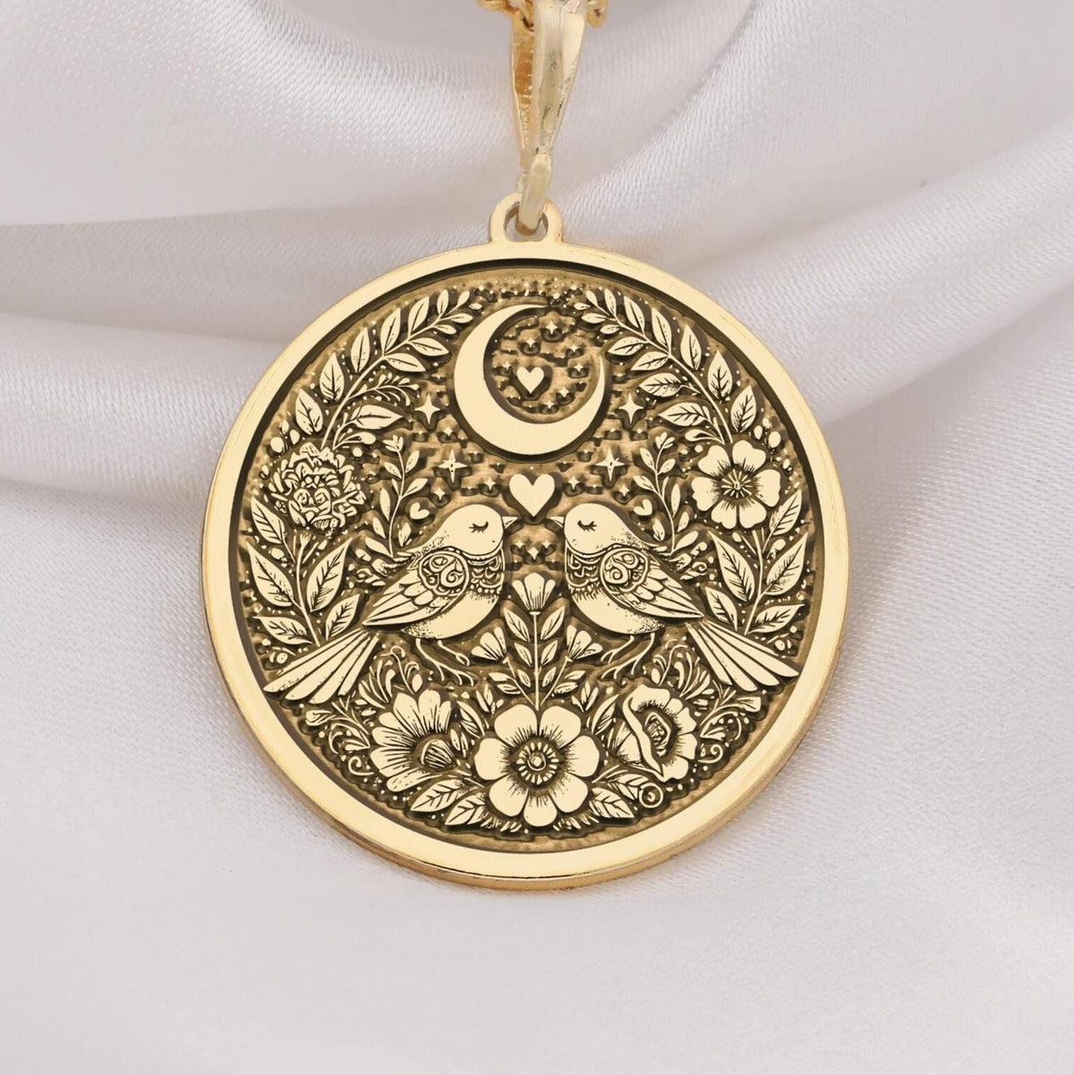 Romantic Lovebirds pendant Necklace  14K Solid Gold. Features two lovebirds under a crescent moon with floral details. Perfect for Valentine Day, anniversaries, or as a meaningful gift for her. Elegant and timeless jewelry piece.
