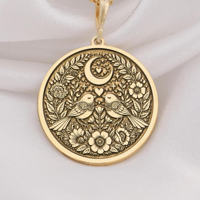 Romantic Lovebirds pendant Necklace  14K Solid Gold. Features two lovebirds under a crescent moon with floral details. Perfect for Valentine Day, anniversaries, or as a meaningful gift for her. Elegant and timeless jewelry piece.
