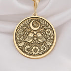 Romantic Lovebirds pendant Necklace  14K Solid Gold. Features two lovebirds under a crescent moon with floral details. Perfect for Valentine Day, anniversaries, or as a meaningful gift for her. Elegant and timeless jewelry piece.