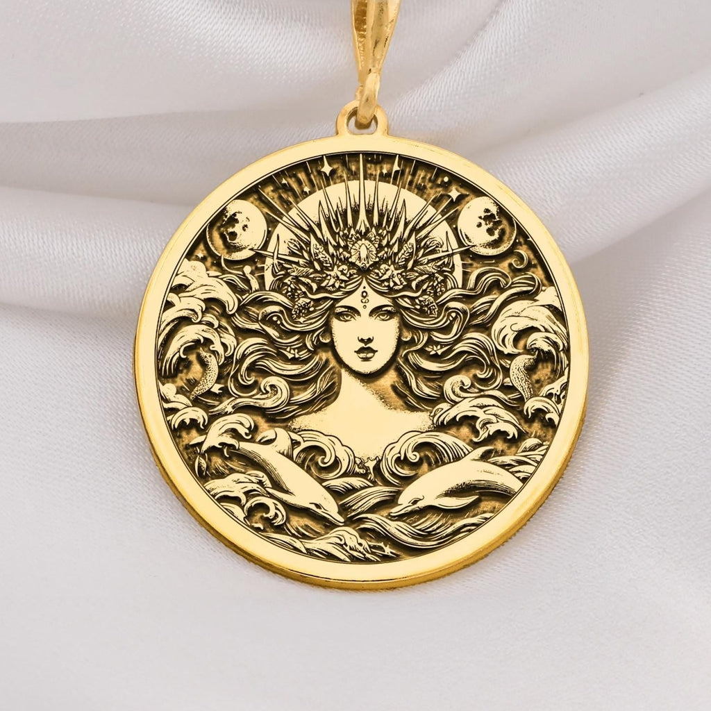 Amphitrite Necklace in 14K solid gold, a celestial sea goddess pendant inspired by Greek mythology. Perfect nautical jewelry gift for her, featuring intricate ocean waves and divine detailing.