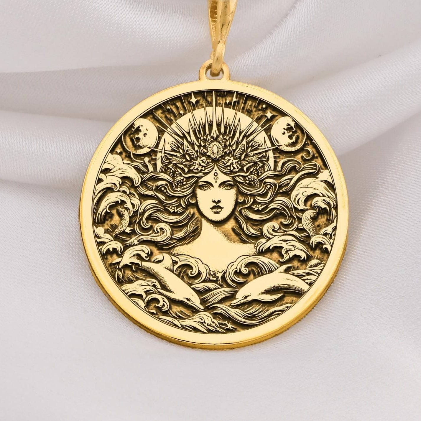 Amphitrite Necklace in 14K solid gold, a celestial sea goddess pendant inspired by Greek mythology. Perfect nautical jewelry gift for her, featuring intricate ocean waves and divine detailing.