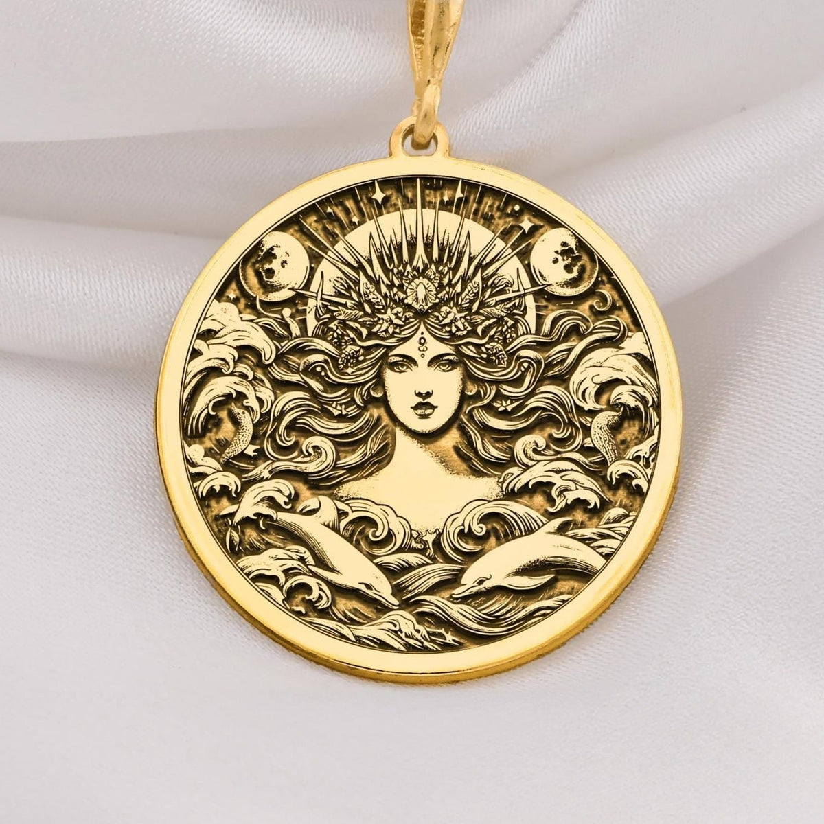 Amphitrite Necklace in 14K solid gold, a celestial sea goddess pendant inspired by Greek mythology. Perfect nautical jewelry gift for her, featuring intricate ocean waves and divine detailing.