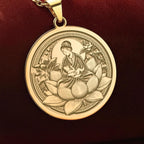 An heirloom-quality 14K solid gold Mother and Child medallion. The art shows a mother and baby on a lotus, symbolizing purity, a precious new mom gift.