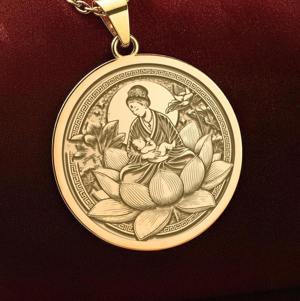 An heirloom-quality 14K solid gold Mother and Child medallion. The art shows a mother and baby on a lotus, symbolizing purity, a precious new mom gift.