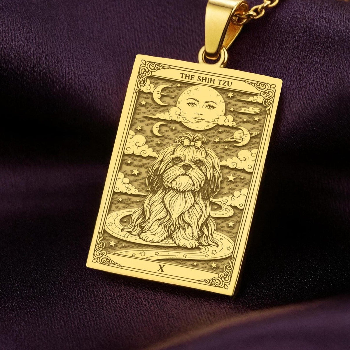 A polished 14K solid gold Shih-Tzu medallion. This fine pet jewelry represents the breed's "little lion" heart, making it a perfect Shih-Tzu lover gift.