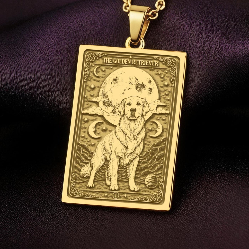 An heirloom-quality 14K solid gold Golden Retriever tarot pendant. The art shows the loyal dog under the moon, symbolizing friendship, a precious dog mom gift.