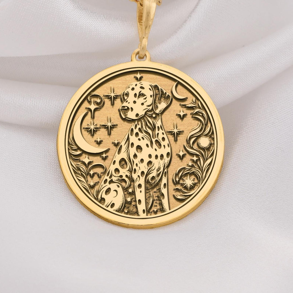 Dalmatian Medallion Necklace Necklaces 14K 14K Gold Plated dog silhouette with crescent moons and stars pendant necklace
