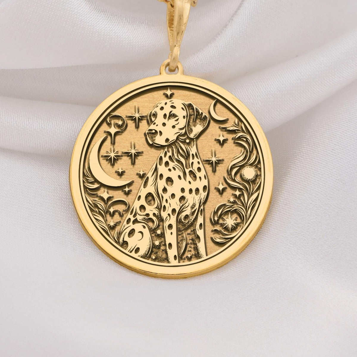 Dalmatian Medallion Necklace Necklaces 14K 14K Gold Plated dog silhouette with crescent moons and stars pendant necklace