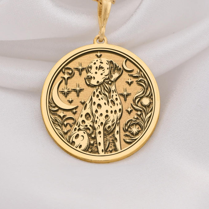 Dalmatian Medallion Necklace Necklaces 14K 14K Gold Plated dog silhouette with crescent moons and stars pendant necklace
