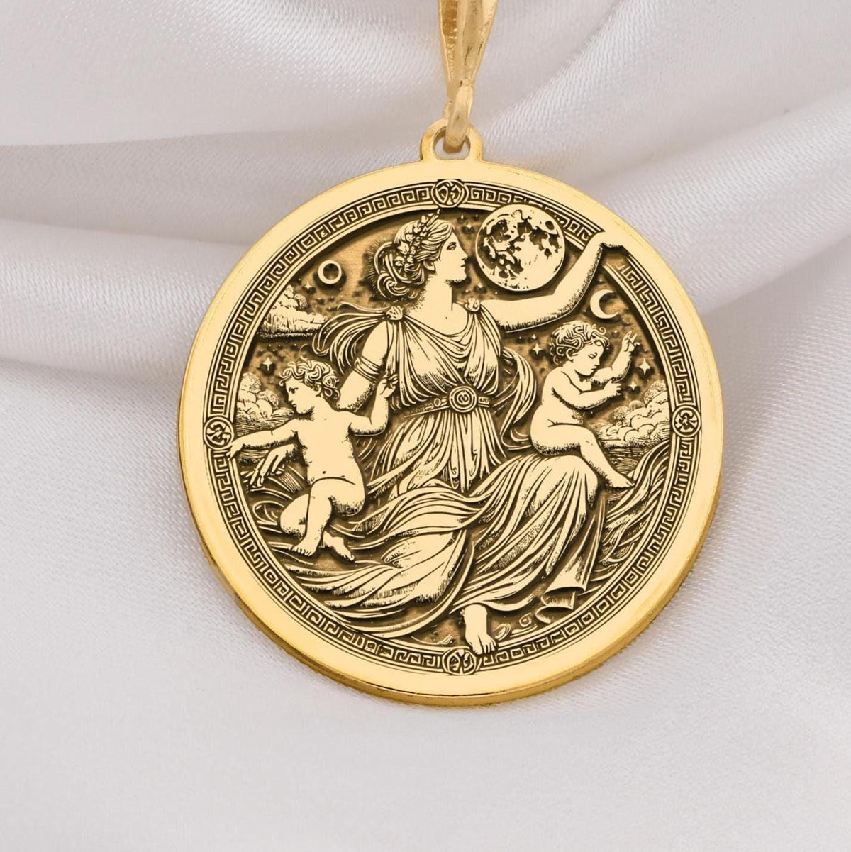 Leto Goddess Necklace Necklaces 14K 14K Gold Plated round pendant featuring classical figures and a crescent moon design necklace