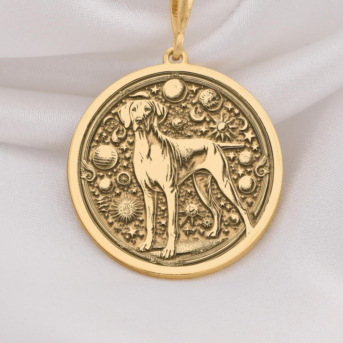 Doberman Dog Cosmic Medallion Necklace Necklaces 14K 14K Gold Plated dog silhouette pendant with celestial motifs necklace