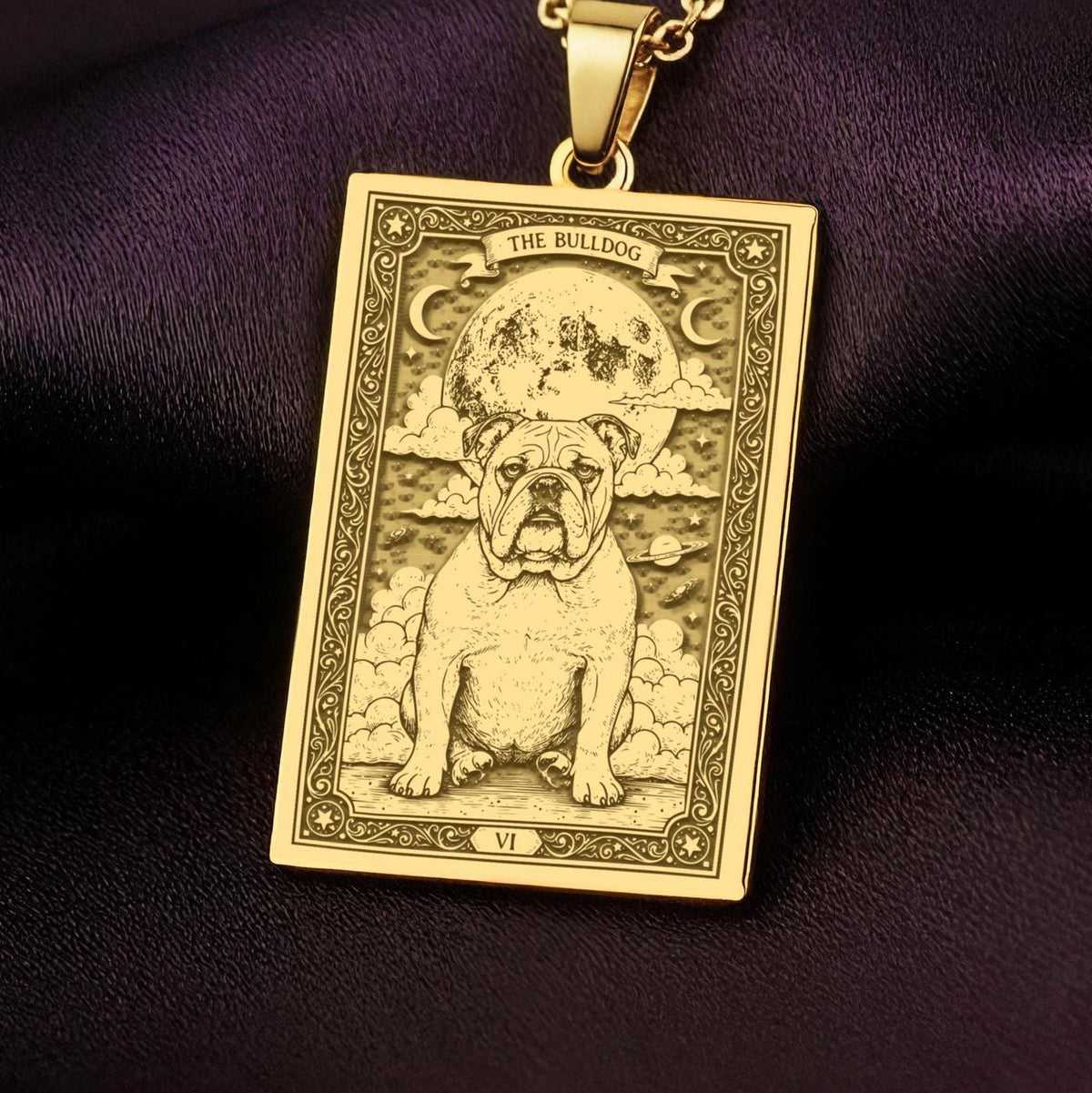 An heirloom-quality 14K solid gold Bulldog tarot pendant. The art shows the loyal dog under the moon, symbolizing companionship, a precious dog mom gift.