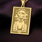 An heirloom-quality 14K solid gold Bulldog tarot pendant. The art shows the loyal dog under the moon, symbolizing companionship, a precious dog mom gift.