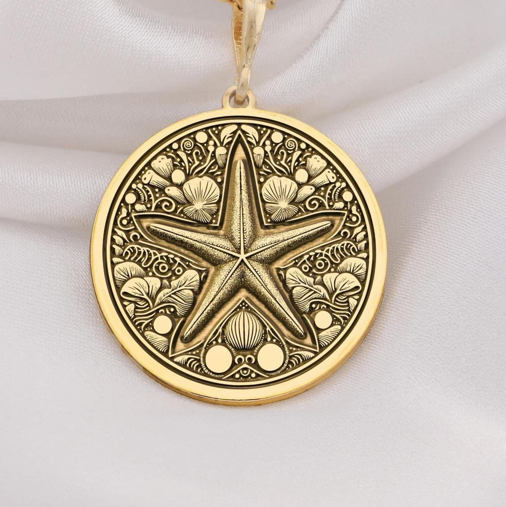 14k gold starfish necklace with ocean-inspired design. A dainty beach pendant perfect for nature lovers. Elegant minimalist jewelry ideal as a gift for women on special occasions, birthdays, or anniversaries, crafted from premium 14k gold.