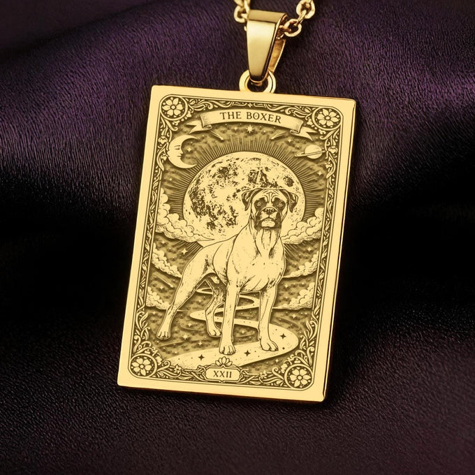 An heirloom-quality 14K solid gold Boxer tarot pendant. The art shows the noble dog under the moon, symbolizing loyalty, a precious dog mom gift.
