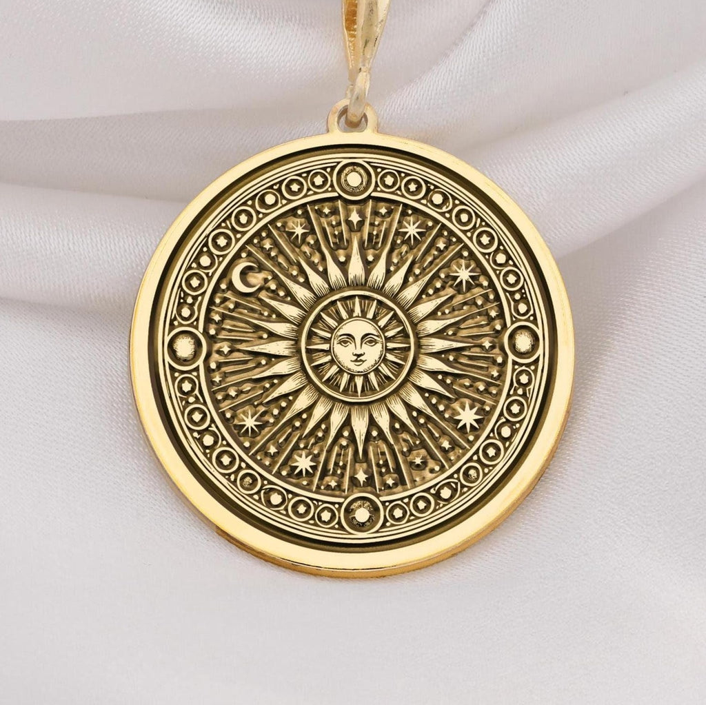 14K solid gold sun pendant necklace featuring a celestial sunburst design, perfect for astrology lovers and boho jewelry enthusiasts.