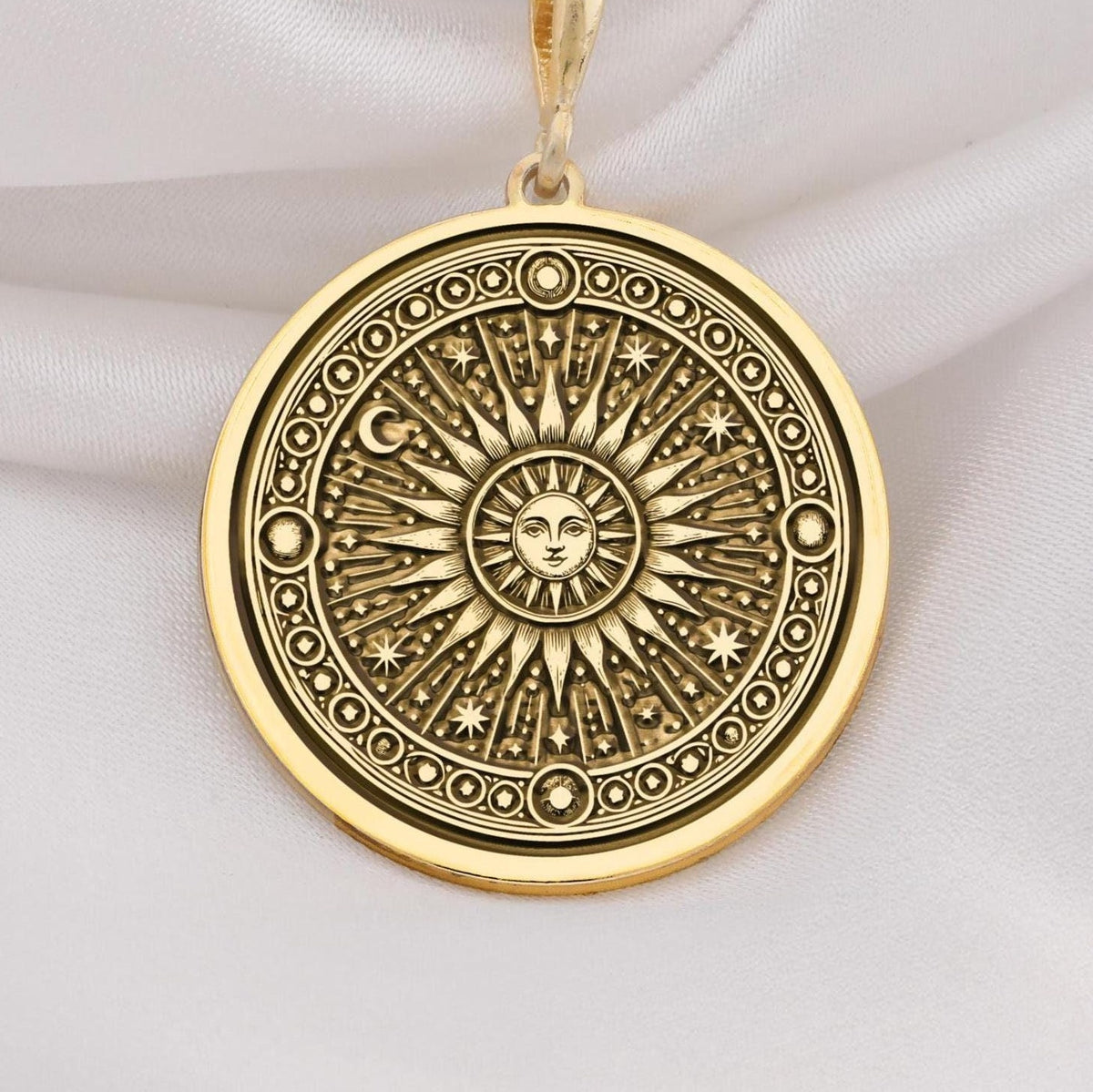 14K solid gold sun pendant necklace featuring a celestial sunburst design, perfect for astrology lovers and boho jewelry enthusiasts.