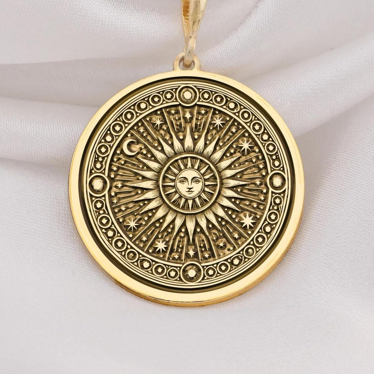 14K solid gold sun pendant necklace featuring a celestial sunburst design, perfect for astrology lovers and boho jewelry enthusiasts.