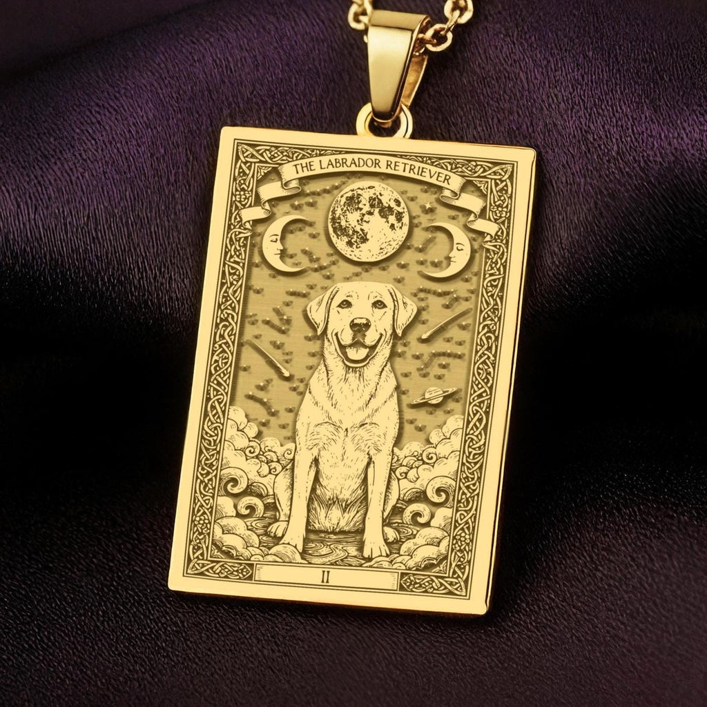 An heirloom-quality 14K solid gold Labrador tarot pendant. The art shows the friendly dog under the moon, symbolizing loyalty, a precious dog mom gift.