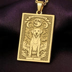 An heirloom-quality 14K solid gold Labrador tarot pendant. The art shows the friendly dog under the moon, symbolizing loyalty, a precious dog mom gift.