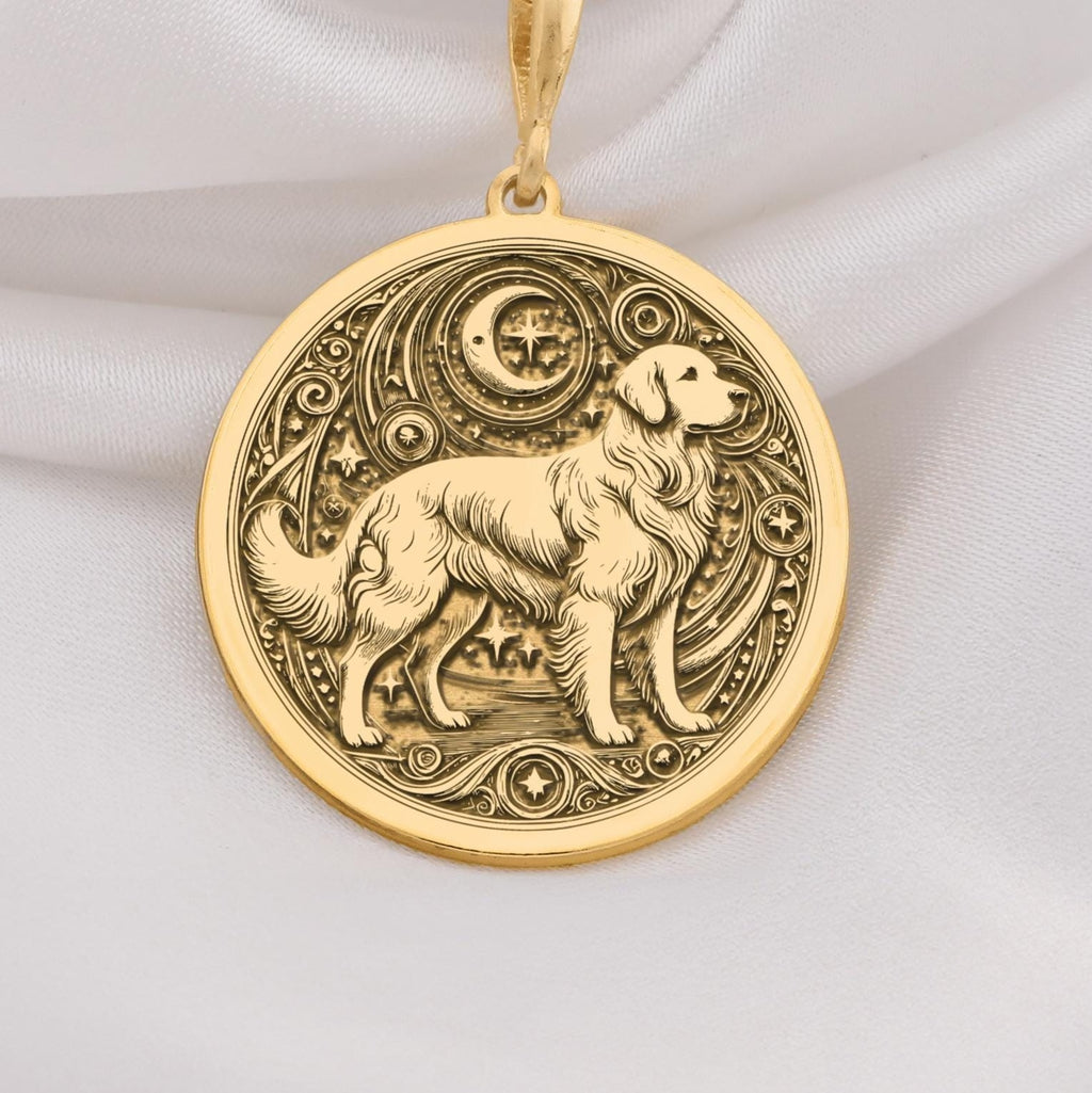 Golden Retriever Medallion Necklaces 14K 14K Gold Plated dog outline pendant with ornate circular frame necklace