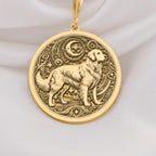 14K Solid Gold Golden Retriever Medallion featuring detailed breed with celestial moon and stars. Protective dog talisman with intricate golden fur texture and symbolic elements. Luxury pet memorial jewelry gift for Golden Retriever owners.