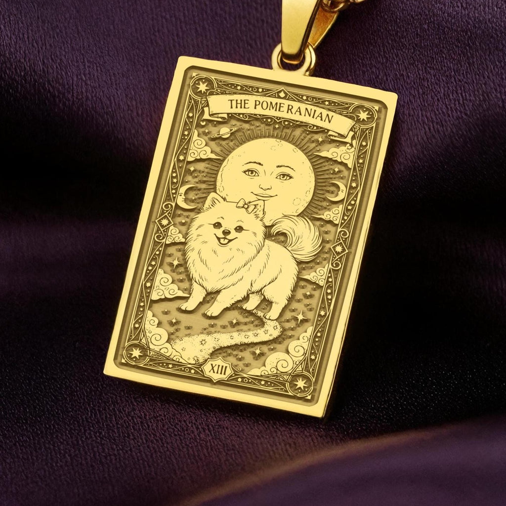 A polished 14K solid gold Pomeranian medallion. This fine pet jewelry represents the breed's fiery spirit, making it a perfect Pom lover gift.