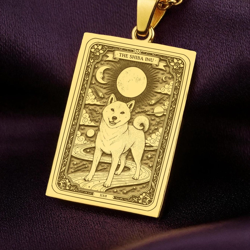 A polished 14K solid gold Shiba Inu medallion. This fine pet jewelry represents the breed's bold personality, making it a perfect Shiba lover gift.