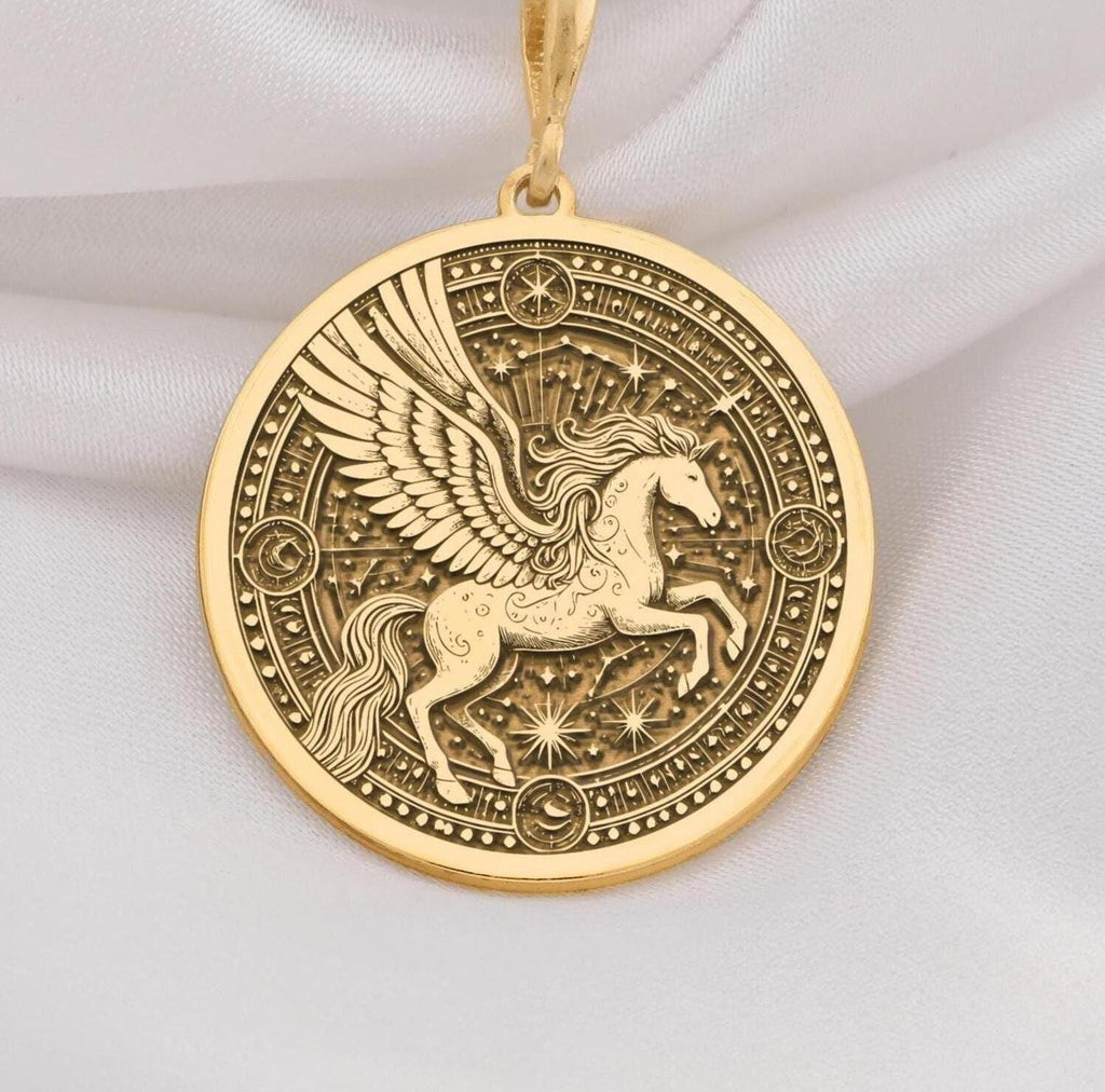 14K Gold Pegasus Necklace with a stunning winged horse medallion design, perfect for mythology lovers and celestial jewelry enthusiasts. Ideal gift for special occasions like birthdays, anniversaries, or holidays.