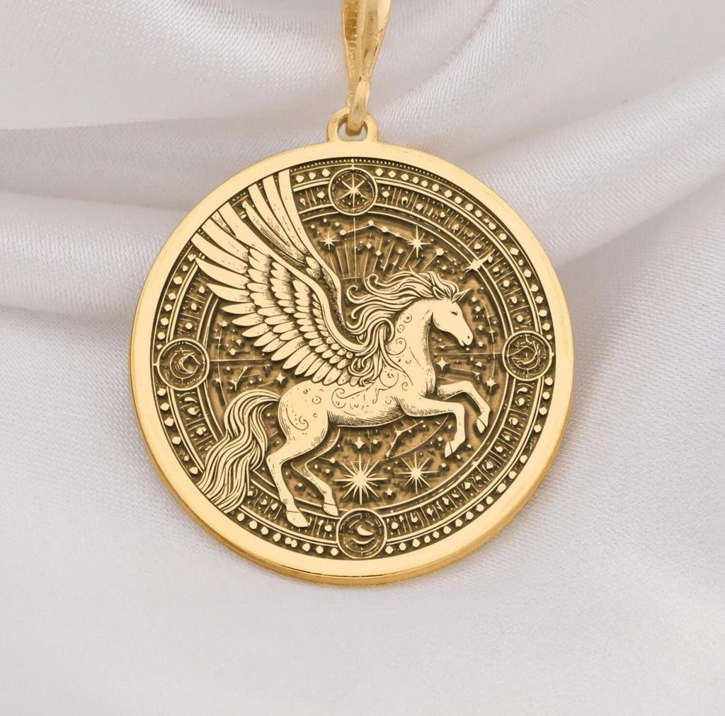 14K Gold Pegasus Necklace with a stunning winged horse medallion design, perfect for mythology lovers and celestial jewelry enthusiasts. Ideal gift for special occasions like birthdays, anniversaries, or holidays.