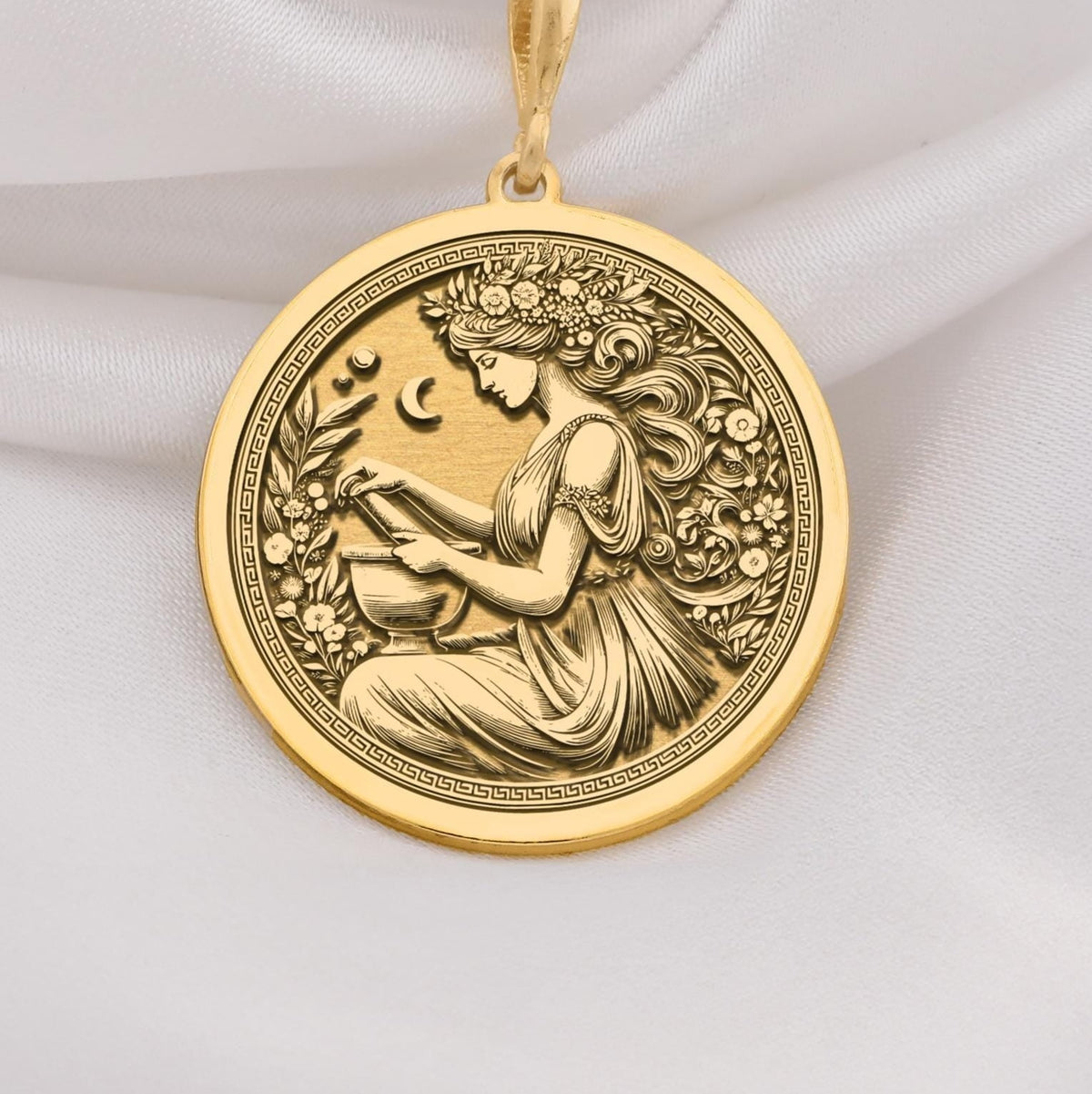 14K Solid Gold Panacea Medallion featuring Greek healing goddess with herbs and celestial symbols. Ancient medicine coin with intricate floral border and flowing hair design. Luxury wellness jewelry gift symbolizing divine and healing.