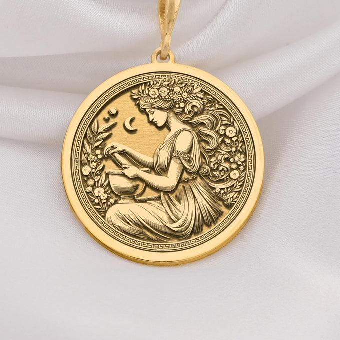 14K Solid Gold Panacea Medallion featuring Greek healing goddess with herbs and celestial symbols. Ancient medicine coin with intricate floral border and flowing hair design. Luxury wellness jewelry gift symbolizing divine and healing.