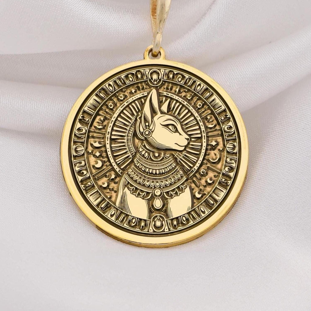 14K Solid Gold Bastet Pendant Necklace, featuring the Egyptian Cat Goddess design. A timeless unisex amulet symbolizing protection and grace, perfect as a meaningful gift or statement piece for lovers of ancient mythology and fine jewelry.