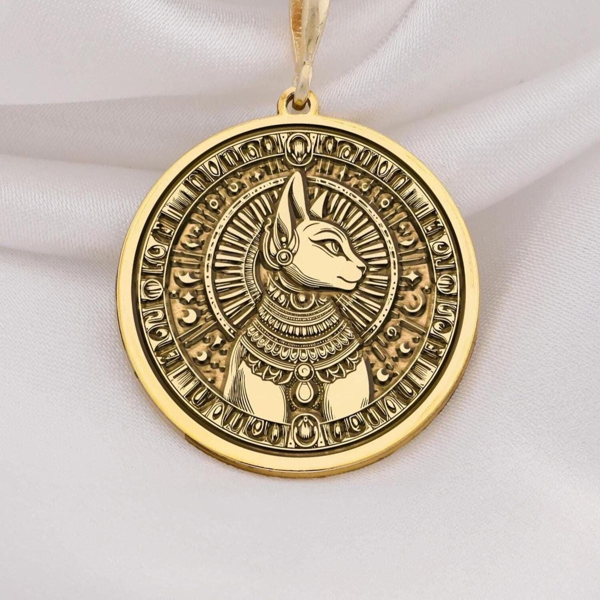 14K Solid Gold Bastet Pendant Necklace, featuring the Egyptian Cat Goddess design. A timeless unisex amulet symbolizing protection and grace, perfect as a meaningful gift or statement piece for lovers of ancient mythology and fine jewelry.