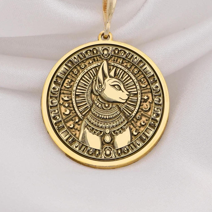 14K Solid Gold Bastet Pendant Necklace, featuring the Egyptian Cat Goddess design. A timeless unisex amulet symbolizing protection and grace, perfect as a meaningful gift or statement piece for lovers of ancient mythology and fine jewelry.