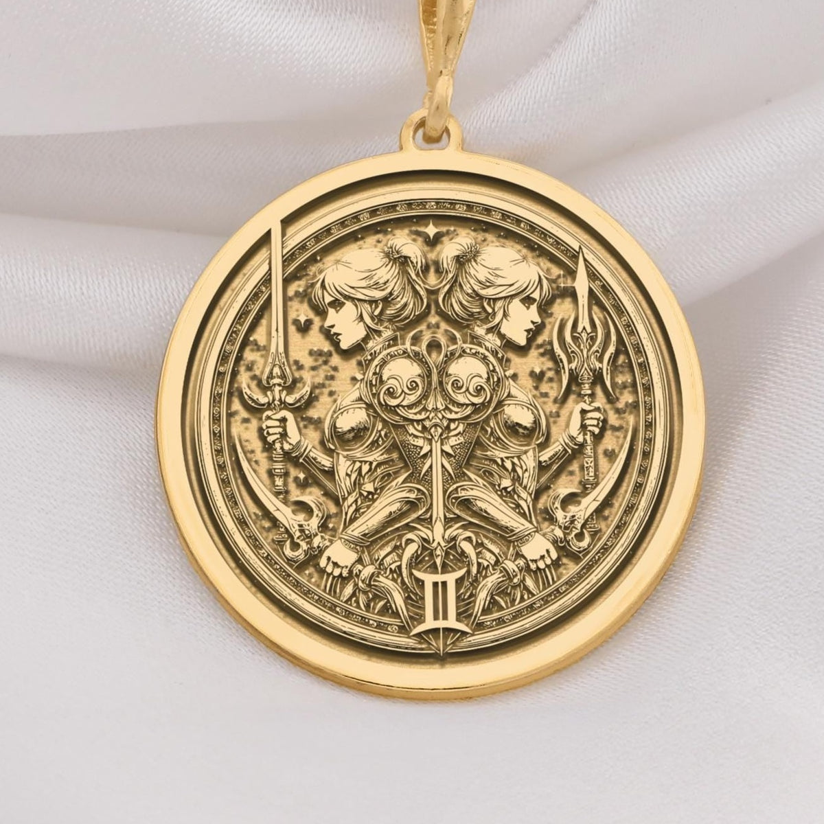 Gemini Zodiac Medallion Medallion Necklaces 14K 14K Gold Plated pendant necklace featuring classical female heads holding swords in an ornate circular design.