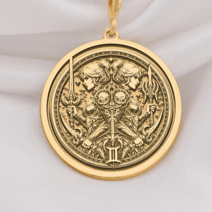 Gemini Zodiac Medallion Medallion Necklaces 14K 14K Gold Plated pendant necklace featuring classical female heads holding swords in an ornate circular design.