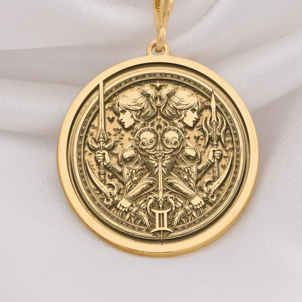 14K Solid Gold Gemini Zodiac Medallion featuring celestial twins with astrological symbols. Detailed birth sign talisman with mirror figures, swords and symbolic elements. Luxury star sign jewelry gift symbolizing duality and communication.