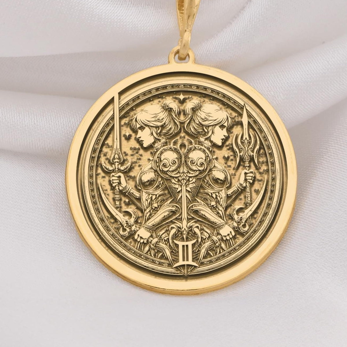 14K Solid Gold Gemini Zodiac Medallion featuring celestial twins with astrological symbols. Detailed birth sign talisman with mirror figures, swords and symbolic elements. Luxury star sign jewelry gift symbolizing duality and communication.