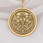 14K Solid Gold Gemini Zodiac Medallion featuring celestial twins with astrological symbols. Detailed birth sign talisman with mirror figures, swords and symbolic elements. Luxury star sign jewelry gift symbolizing duality and communication.