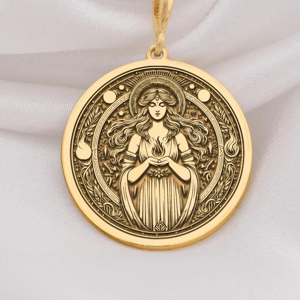 Hestia Goddess Medallion Necklaces 14K 14K Gold Plated pendant necklace featuring an ornate framed classical female figure design.