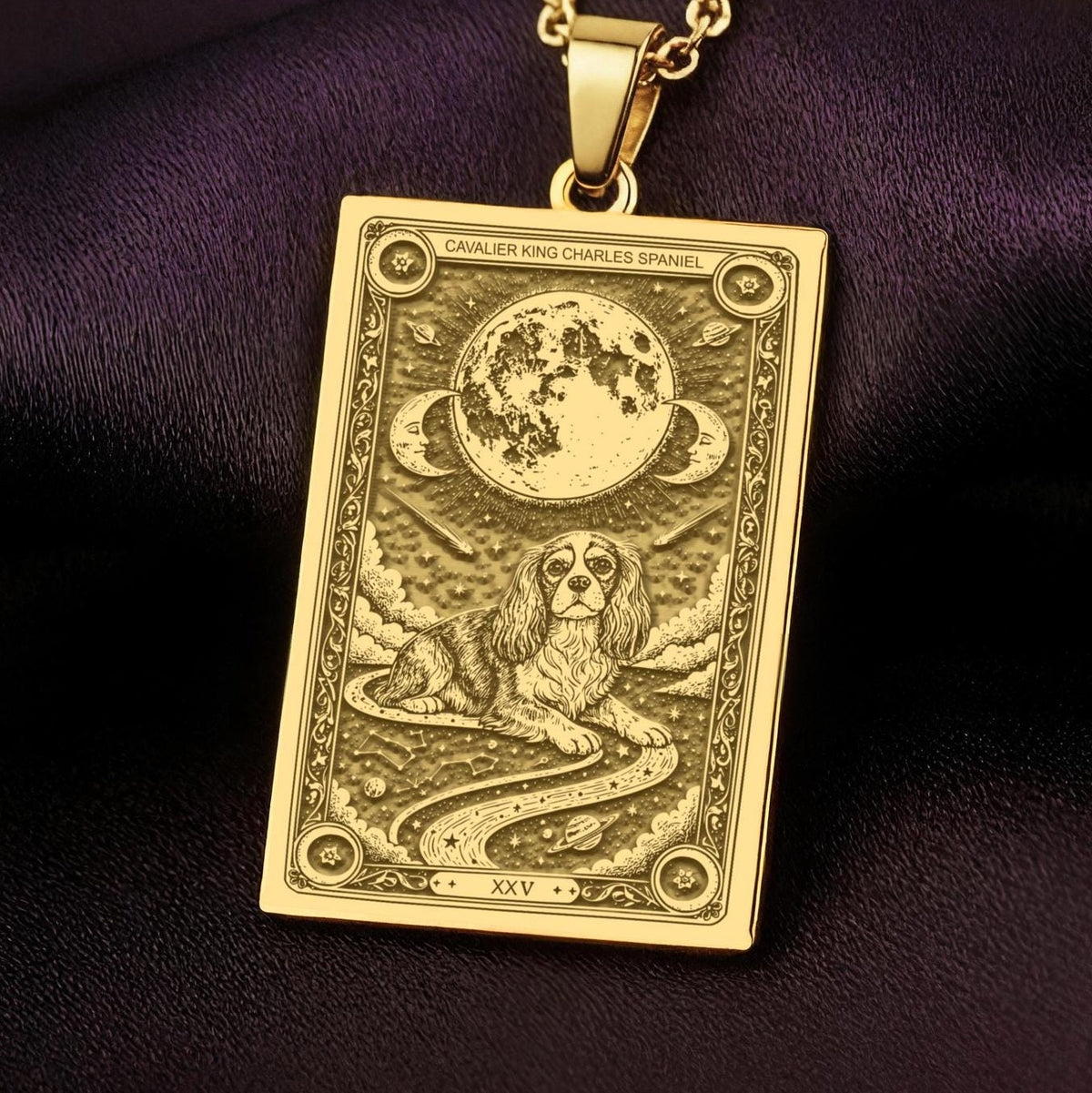 An heirloom-quality 14K solid gold Cavalier King Charles tarot pendant. The art shows the elegant dog, symbolizing grace, a precious dog mom gift.