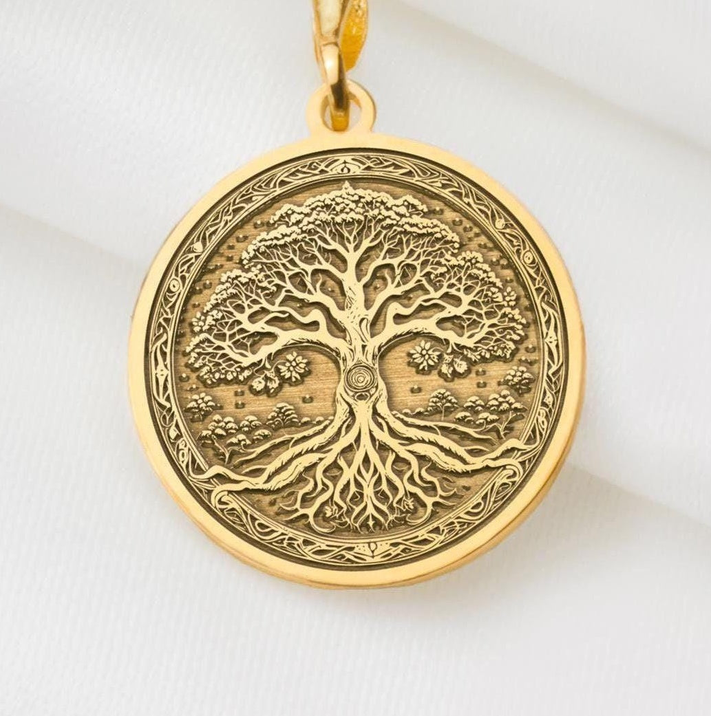 Gold Tree of Life Pendant, Gold Yggdrasil Necklace, Gold Bodhi Tree Jewelry, Gold Tree of Knowledge Charm, Gold Kalpavriksha Pendant, Gold Spiritual Necklace, Gold Cosmic Tree Jewelry, Gold Symbolic Growth Charm, Gold Nature Pendant, Gold Charm