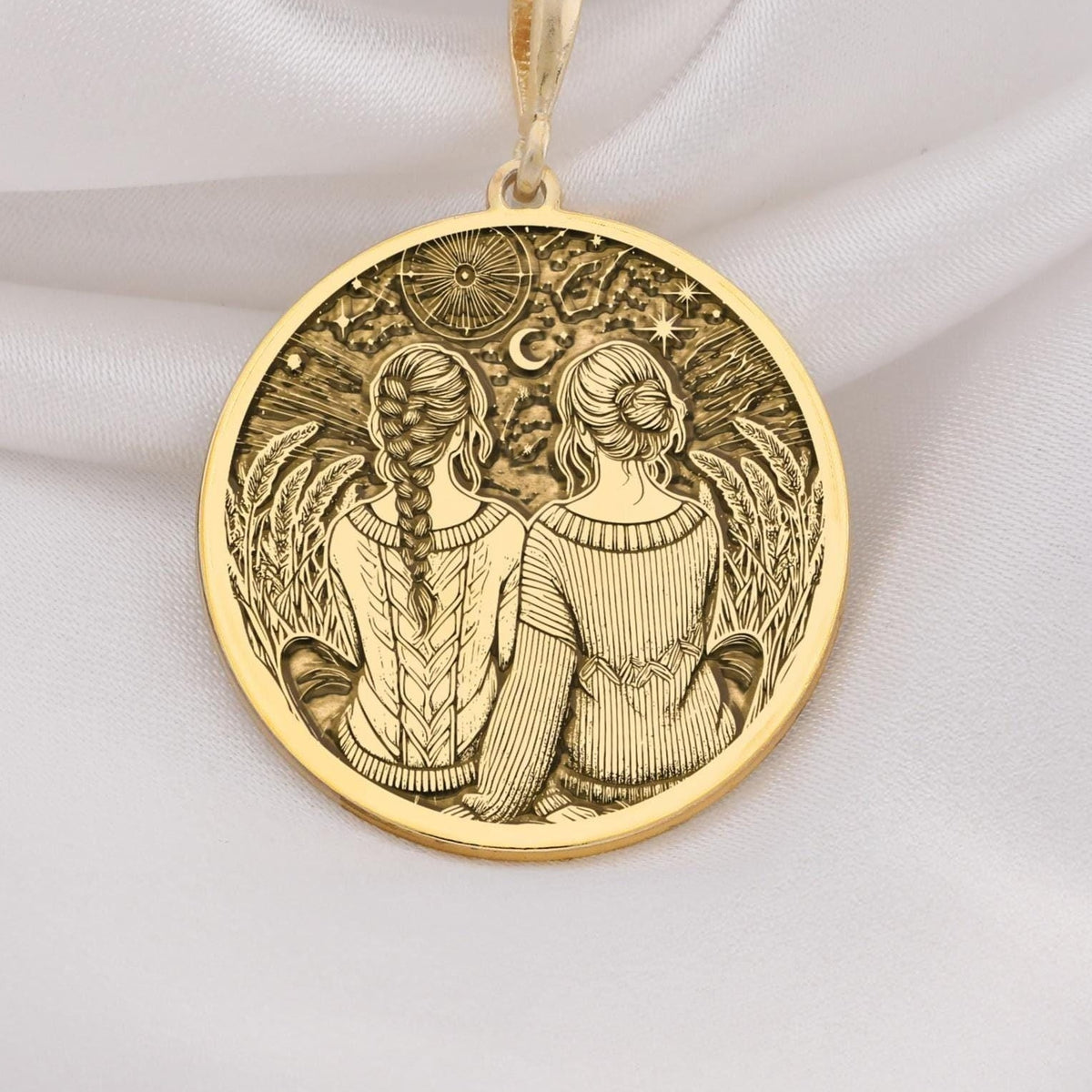 Friendship Friendship Necklace Necklaces 14K 14K Gold Plated pendant necklace featuring two figures with foliage and a crescent moon design.
