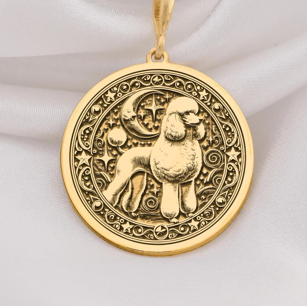 Custom Poodle Dog Medallion Pendant Necklaces 14K 14K Gold Plated pendant necklace featuring a stylized dog design in an ornate circular frame.