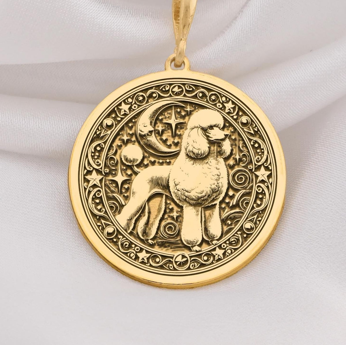 Custom Poodle Dog Medallion Pendant Necklaces 14K 14K Gold Plated pendant necklace featuring a stylized dog design in an ornate circular frame.