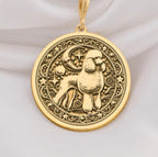Custom Poodle Dog Medallion Pendant Necklaces 14K 14K Gold Plated pendant necklace featuring a stylized dog design in an ornate circular frame.