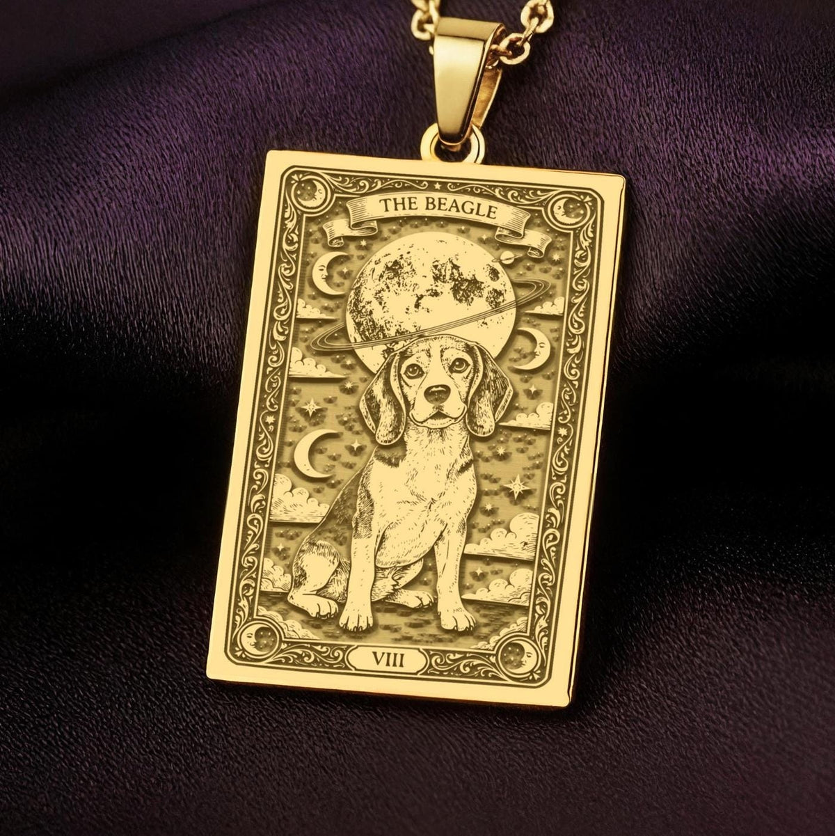 An heirloom-quality 14K solid gold Beagle tarot pendant. The art shows the dog under the moon, symbolizing curiosity, a precious dog mom gift.